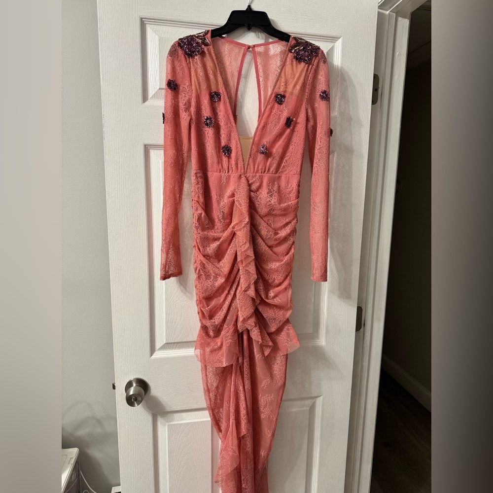 For Love And Lemons Long Sleeve Lace Coral Dress with Purple Sequins  (NWT)